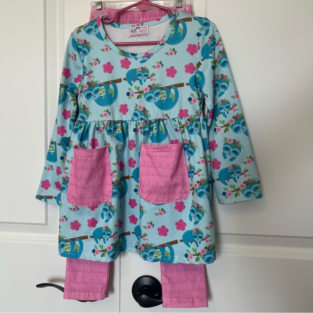 Pete+Lucy Dress & Pants set w/Sloth Print, long sleeves, comfy & soft, boutique